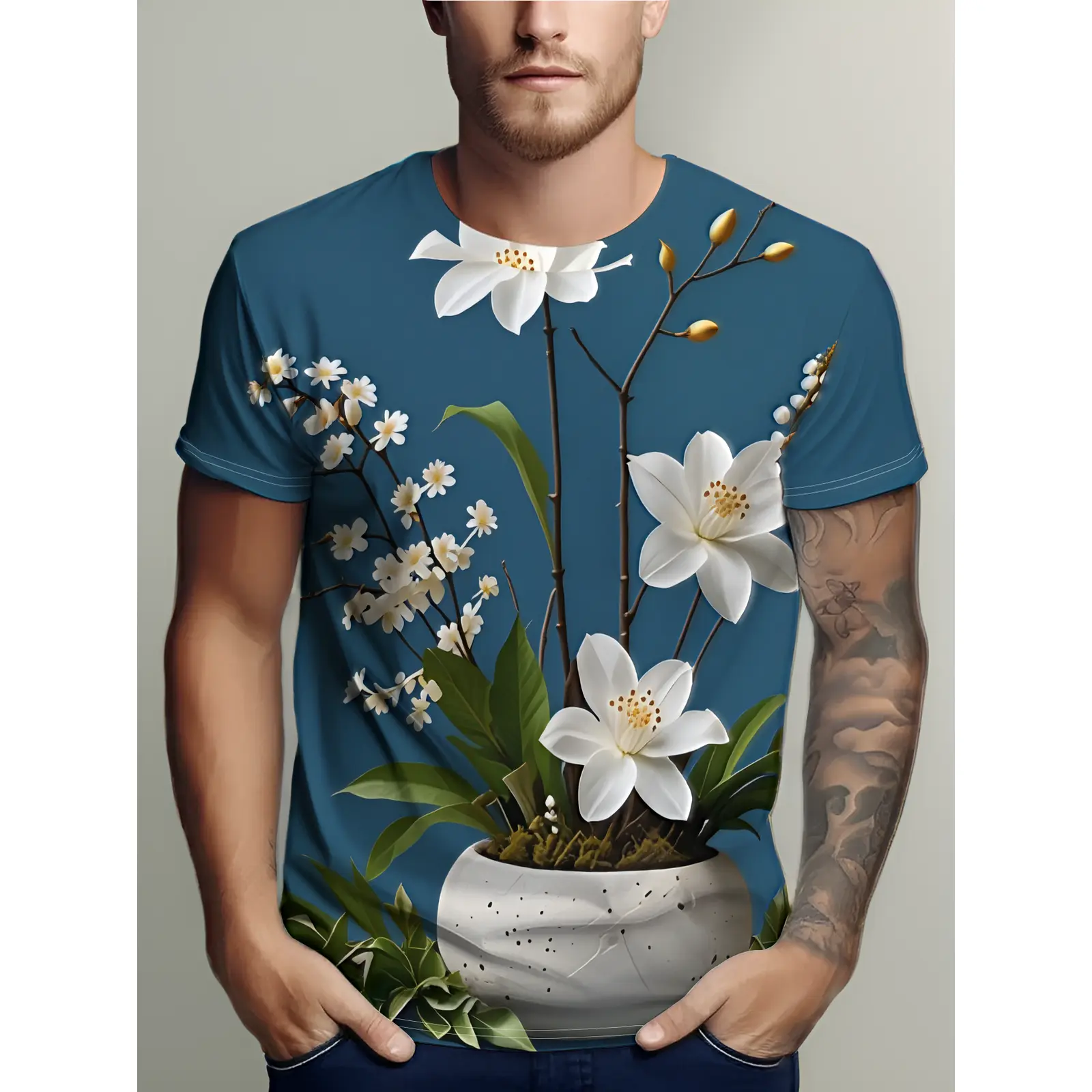 Deep Blue T-Shirt, Printed White Floral Potted Plant, Green Leaves, Fresh And Elegant