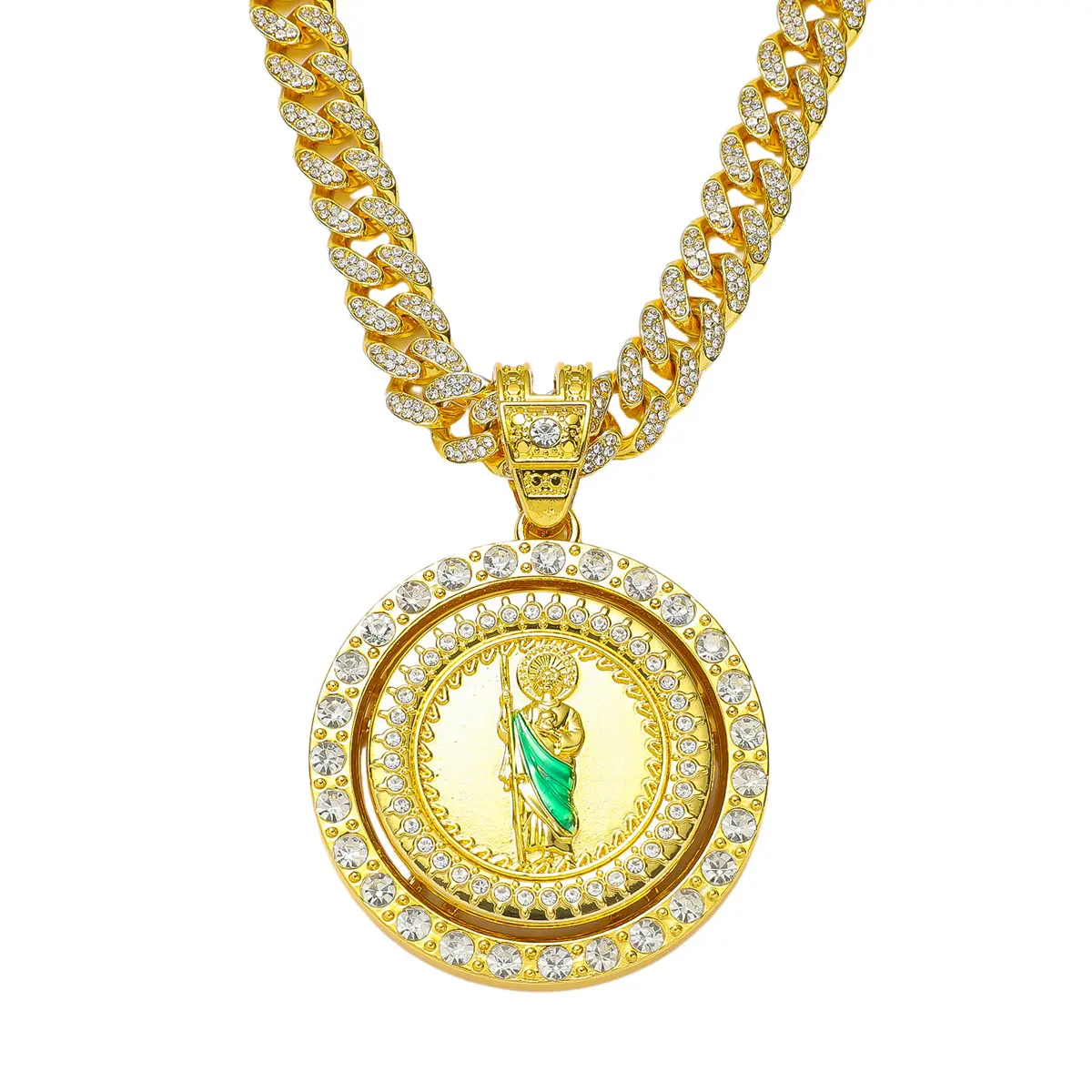 Hip-Hop Style Saint Jude Pendant Necklace, Gold Plated Alloy Rotating Amulet with Rhinestones on a 50cm Cuban Link Chain, Alloy Pendant Necklace, Necklaces For Women