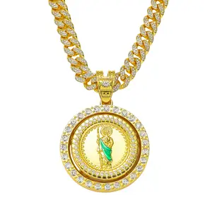 New Style Personality Hip-Hop Style Religious Rotating Saint Jude Statue Pendant Creative Saint Jude Necklace Cuban Link Chain Gold Plated Amulet