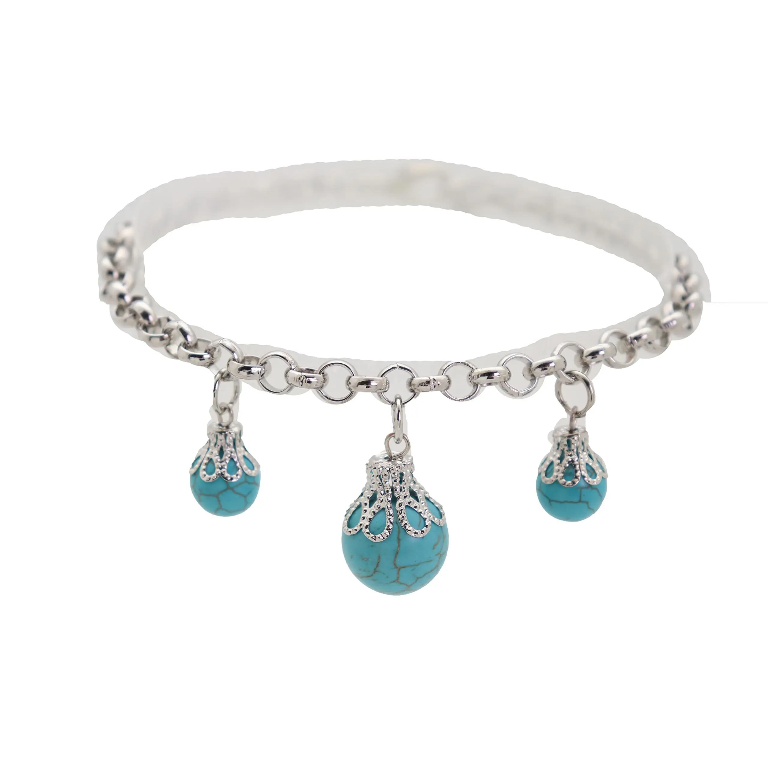Women Boot Bracelet Chain Bling Metal Western Fashion Anklet Shoe Turquoise Blue Ball Charm Silver