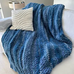 Ombre Blue Handmade Crochet Chunky Knit Blanket Throw, Super Soft & Cozy Faux Fur, Velvet, Chenille-style, Unique Texture Boho Look