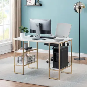 【Ivinta】44.9" Modern Computer Desk with 3-Tier Storage Shelves and PC Stand, White and Gold Vanity Desk for Home Office or Small Spaces & Living Room