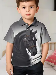 New 3D Boys Horse Pattern Printed Summer Polo Shirt, Cute Slim-Fitting Top, All Seasons Wear