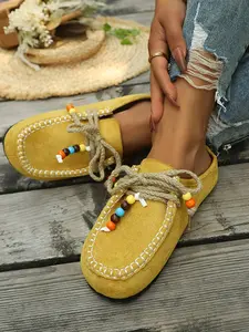 Women's Bohemian Beaded Moccasin Slippers, Synthetic Leather Slip-On Loafers, Comfortable Flat Casual Shoes, Ideal for Outdoor & Daily Wear, Footwear