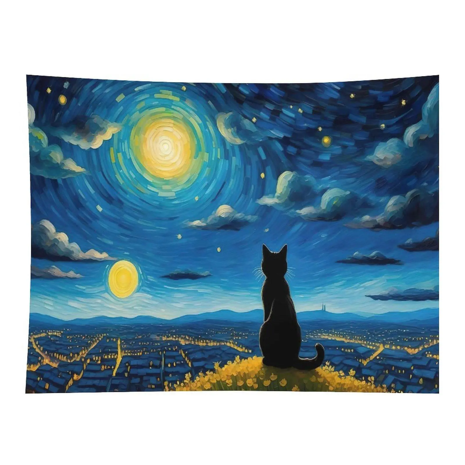 Starry Night Black Cat Tapestry Moonlight City Wall Hanging Decor
