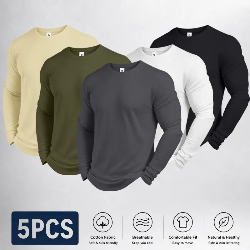 Men's long-sleeve crew-neck T-shirt (5-pack). Made from a basic cotton blend with slight stretch, this lightweight, breathable, and stylish casual top is perfect for daily wear and versatile enough for commuting—ideal for spring and autumn.