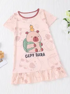 Girl's Cartoon Print Crew Neck Nightdress, Cute Casual Soft Comfortable Short Sleeve Nightgown for Daily Wear, Kids Sleepwear for All Seasons, Sleepwear Loungewear, Cartoon Print Pajama