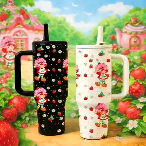 1 Pc 40oz Insulated Mug with Straw Lid and Handle, Cute Strawberry Girl Cartoon Pattern Tumbler, Double Wall Vacuum Thermal Mug for Hot Cold Drinks, Keeps Hot 12 Hours Cold 24 Hours, Large Capacity Leak Proof Design, Gift for Women Girls Holiday