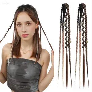 Bohemian Clip-In Braided Hair Extensions, 16 Inch Synthetic Braids with Beads & Charms, Natural-Looking Festival Hair Pieces