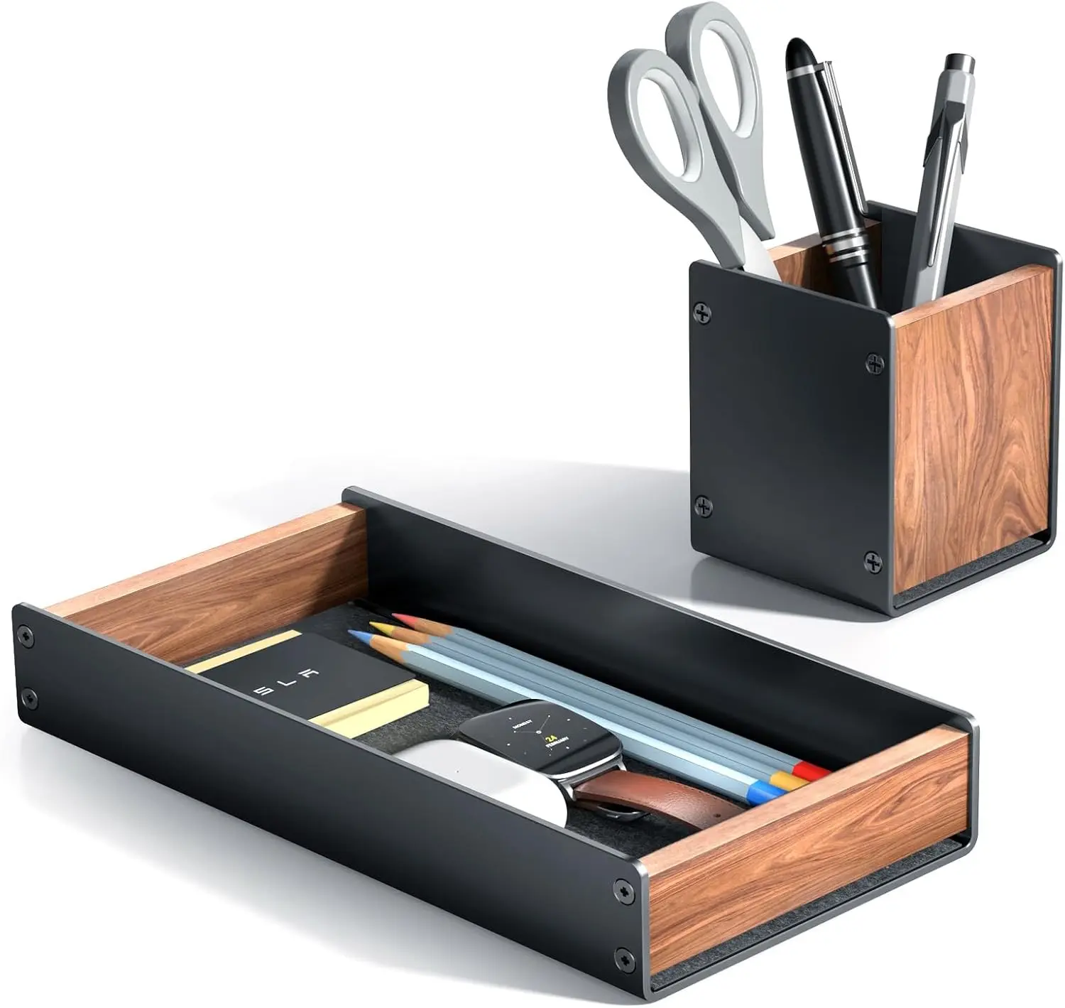 Desk Organizer Tray Pen and Pencil Holder Set | Solid Walnut, Aluminum Accent, for Desk & Office Decor, Aesthetic Desk Accessories for Men