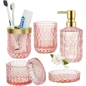 Accessories Set, 5Pcs Gold Bathroom Accessories, Glass Bathroom Accessories Set with Pink Soap Dispenser, Soap Dish, Toothbrush Holder, Tumbler, Cotton Swab Jars