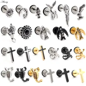 Alisouy 2pcs Stainless Steel Dolphin Lizard Sun Moon Cross CZ Women Men Ear Stud Earring Tragus Helix Cartilage Piercing Jewelry