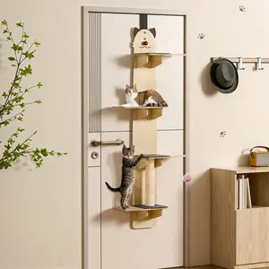 Cat Door Hanger, 4-Tiers Vertical Cat Tree over The Door, Door Hanging Cat Shelves with Scratching Post, Pads, Tease Cat Ball, Over Door Cat Climber for Indoor Cats