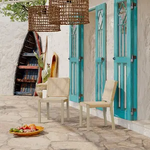 Farmhouse Modern Dining Chairs Set of 2-Solid Wood Rattan Backrest Champagne Finish Indoor/Outdoor Versatility