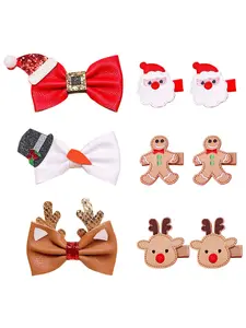 Children Christmas Gingerbread Man Hair Clips, Leather Bow Edge Clips, Santa Reindeer Headwear for Kids