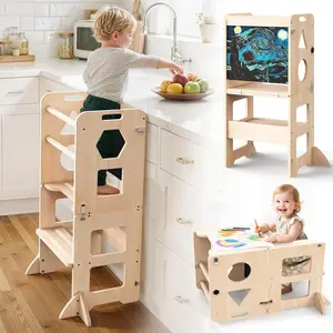 4-in-1 Toddler Kitchen Step Stool - Foldable Learning Tower with Blackboard for Kids Ages 1-3