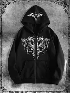 Men's Gothic Dark Style Hooded Sweatshirt, Multi-position Print Zipper Design, Casual Street Fashion, Perfect Fall & Winter, Top, Graphic Hoodie