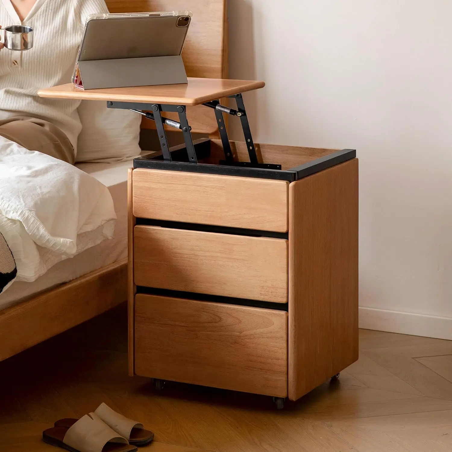 YESWOOD 100% Solid Wood Swivel Lift Top Nightstand with Wheels, Rolling Side Table with 3 Drawers, No Assembly Mobile End Table Small Spaces, for Bedroom, Living Room