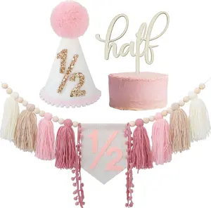 1/2 Birthday Decorations Half Way to One Baby Girl Decorations Hat, cake Topper 6 Month Pastel Chair Banner, Photoshoot Props