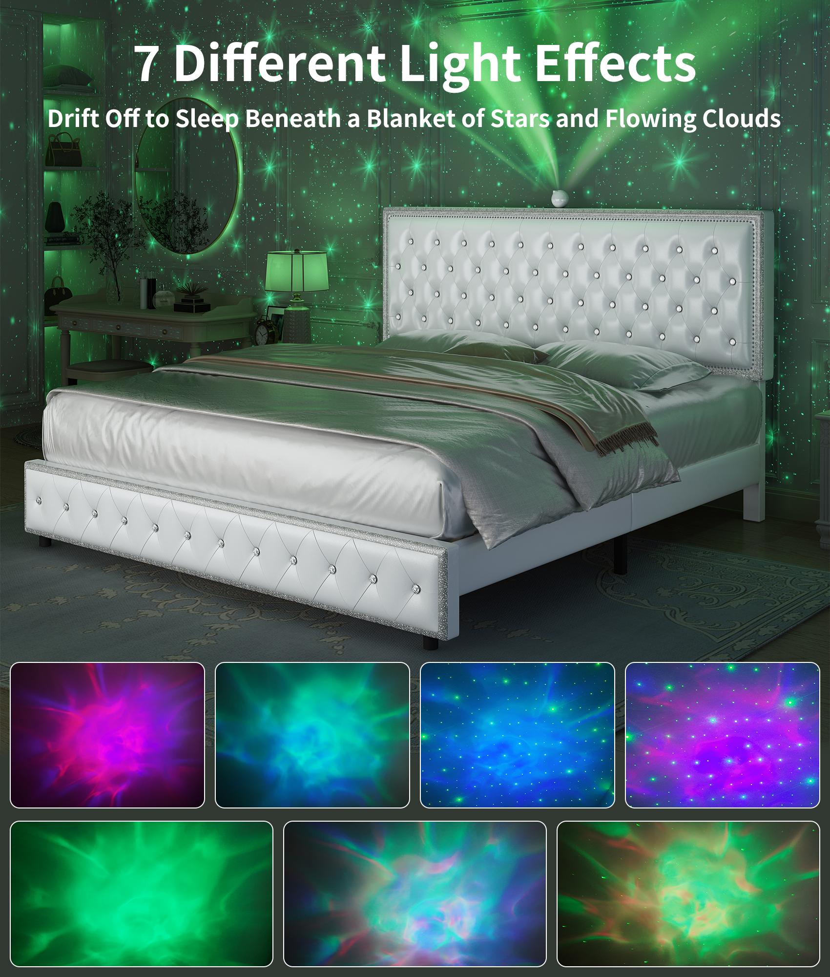 GEGOFORU Queen LED Galaxy Bed Frame with Projector, Bluetooth Speakers & USB Charging, RGB Lighting, White Velvet Upholstered Platform Bed, No Box Spring Needed