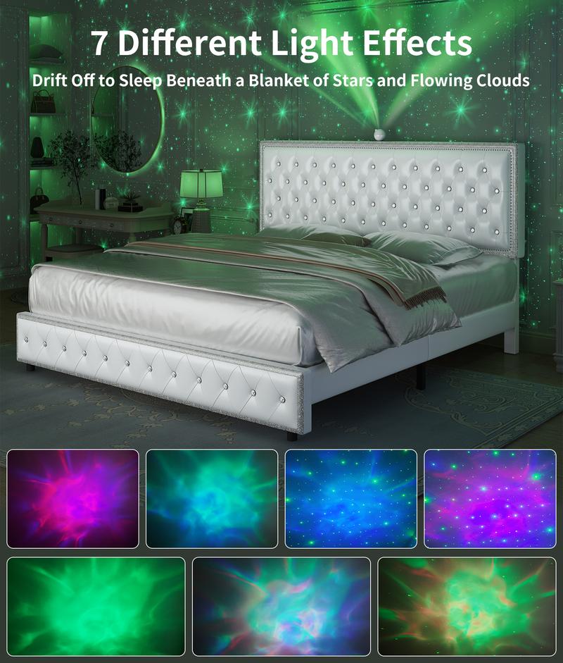 GEGOFORU Queen LED Galaxy Bed Frame with Projector, Bluetooth Speakers & USB Charging, RGB Lighting, White Velvet Upholstered Platform Bed, No Box Spring Needed