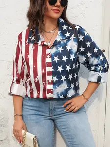 Women's Plus Size Flag Print Shirt, Elegant Roll Up Sleeve Button Front Collared Blouse for Spring Summer Fall, Ladies' Clothes for Daily Wear, Casual Womenswear, T-shirts, Plussize Top, Plussize Clothes