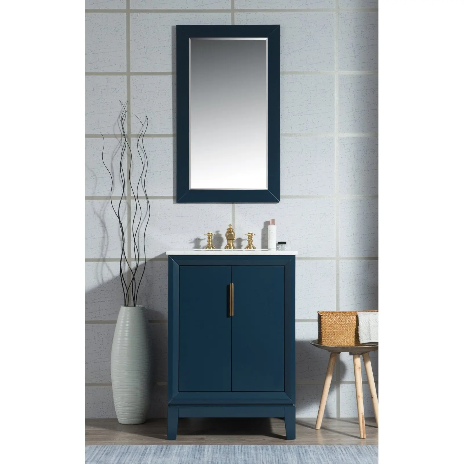 Water Creation Elizabeth 24" Single Sink Carrara White Marble Vanity In Monarch Blue With Matching Mirror and Lavatory Faucet