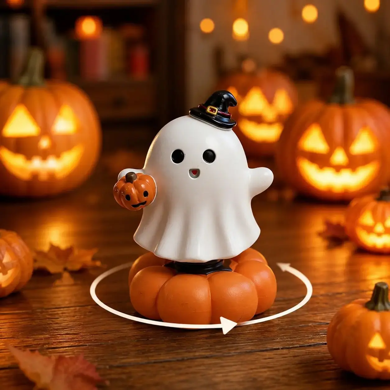 360° Spinning Ghost Pumpkin Statue, Quirky Halloween Desk Decor, Unique Home Office Accessory for Seasonal Celebrations