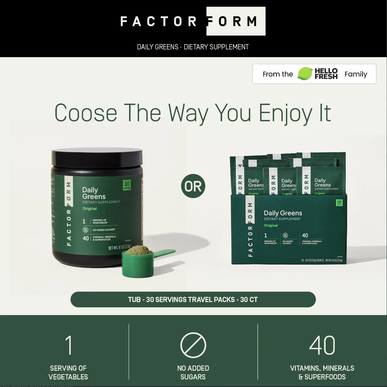Factor Form Daily Greens Original Dietary Supplement - 2B CFU Probiotics for Gut Health, 40 Vitamins & Minerals, Superfoods for Optimal Absorption, Smooth & Nutrient-Dense