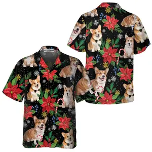 Corgi With Christmas Plants Hawaiian Shirt, Funny Corgi Christmas  Shirt For Men & Women, Best Christmas Gift, Short Sleeve Casual Button Down Shirts Summer Beach Shirt, Tropical Floral Shirt