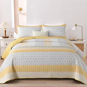 Yellow Quilt King Size, Bohemian Stripe Quilt Sets 3 Boho Quilted Bedspread Lightweight Microfiber Coverlet (104"x90")
