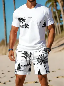 Men's Summer Set Coconut Tree Tropical Graphic Print Short Sleeve T-Shirt + Beach Shorts, Casual Vacation Two-Piece, Beach Travel Wear