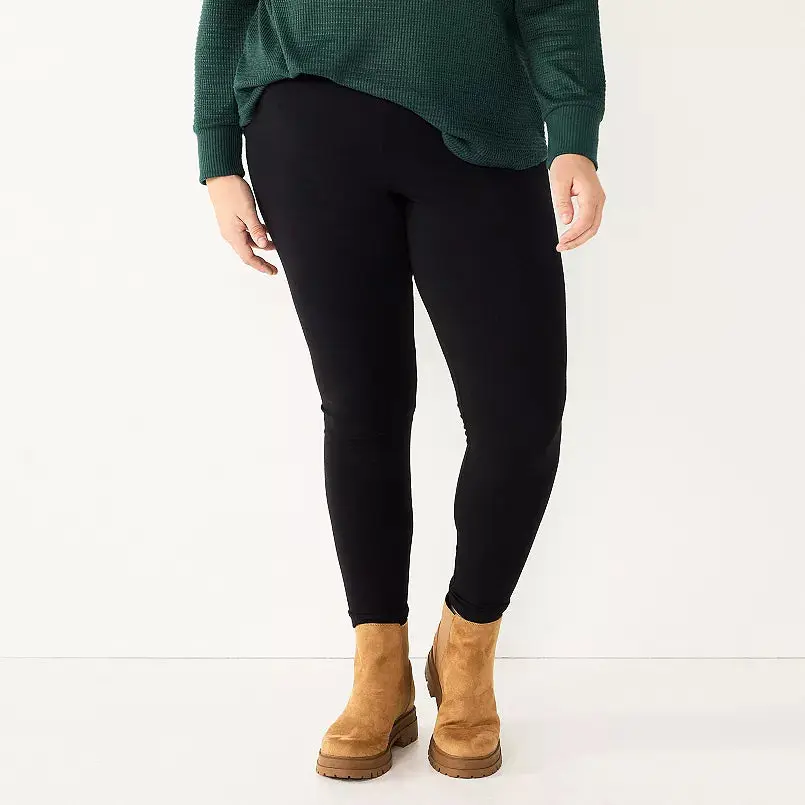 Women's Mid-Rise Minimalist Casual Basic Stretchy Solid Black Full-Length Elastic Leggings - Flattering Soft Fabric Bottoms for All Body Types