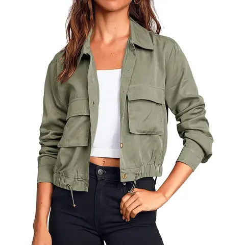 Women's Lightweight Sun Protection Oversized Utility Cropped Jacket - Apparel Outerwear with Multi Pockets, Contrast Stitching, Everyday Fabric, Street Style, Outdoor Safari Use, Back to School Outfits