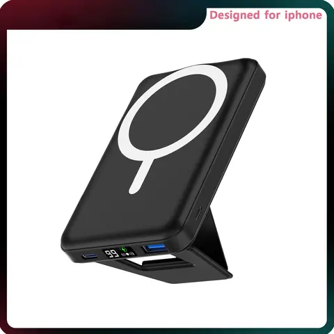 Podoru 10000mAh Silicone Magnetic Battery Power Bank, 15W MagSafe Snap, Foldable Stand, LED Digital Display Lithium Battery Pack - Mobile iPhone Charger for iPhone & USB-C Android Devices