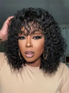 Trendy 2025 Glueless Human Hair Bob Wig with Bangs Jerry Curly Style Honey Brown to Blonde Highlights Short Curly Wig for Women Shoulder Length Natural Looking Wig