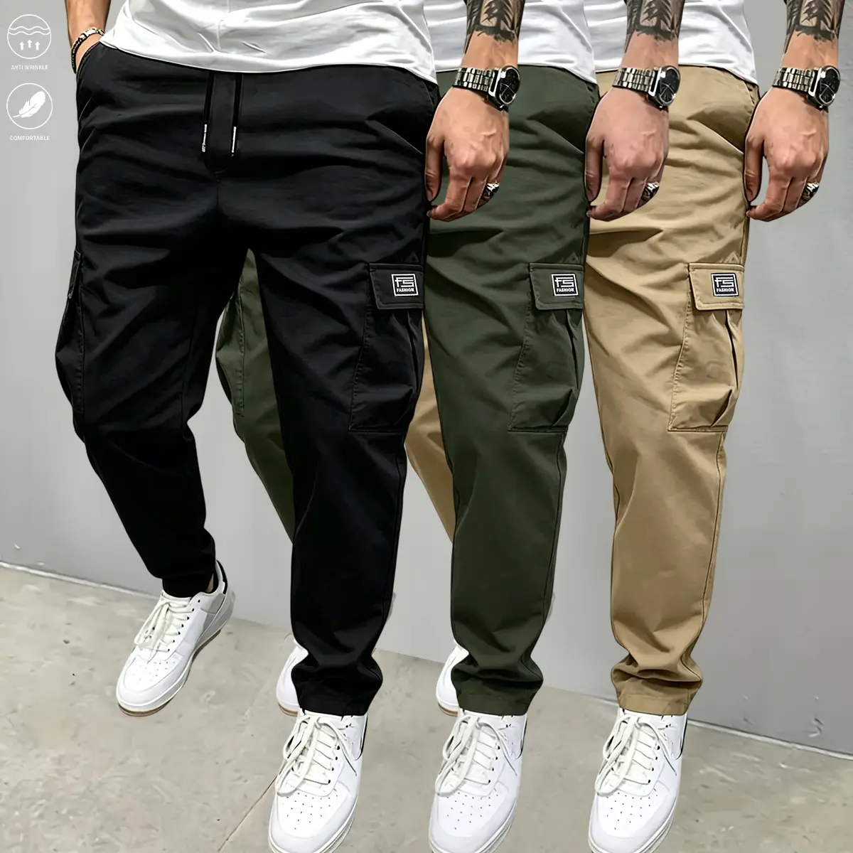 3-pack men’s casual cargo pants for all seasons—durable cargo pants with drawstring and multiple pockets, suitable for sports, outdoor activities, and leisure.
