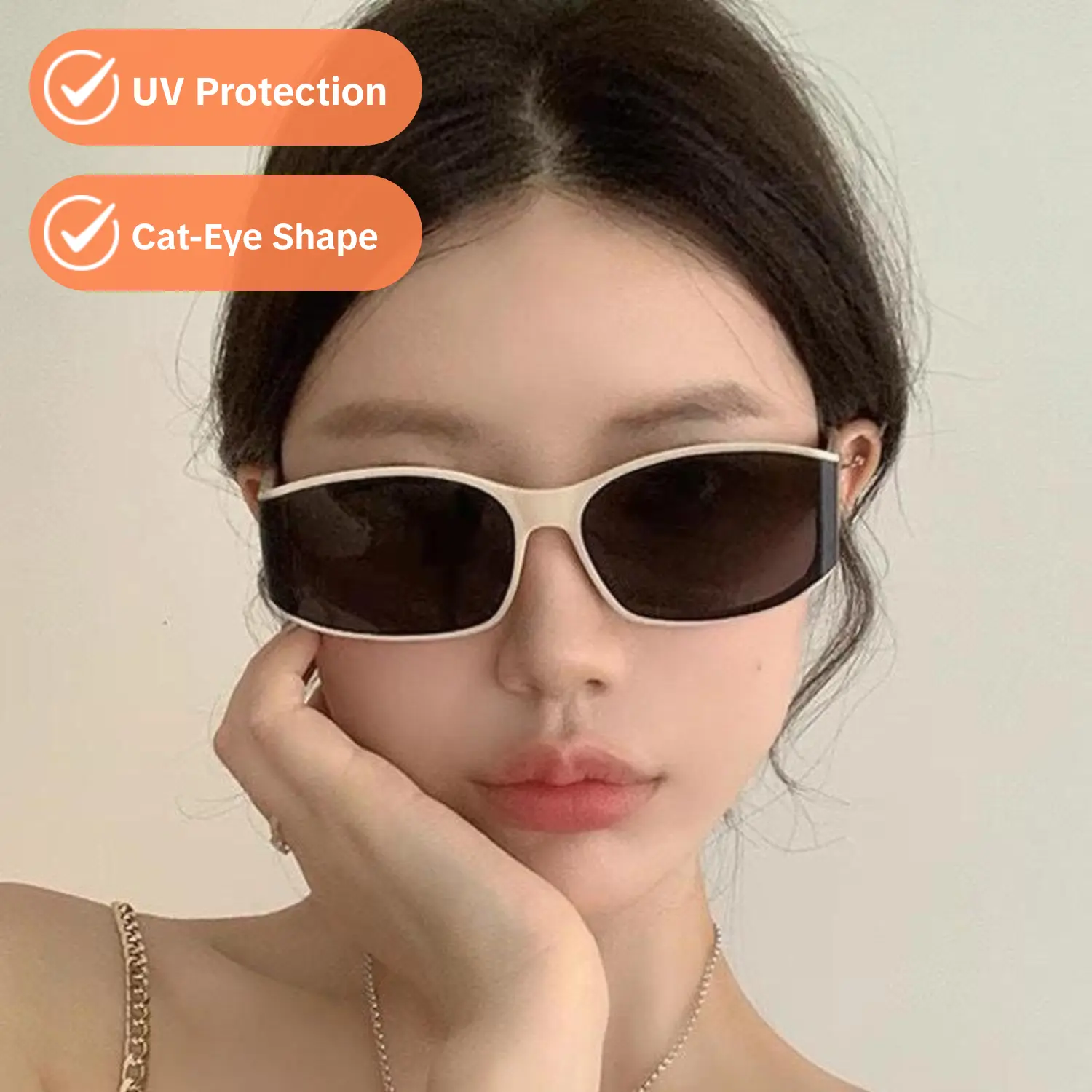 Women's 2026 New UV-Protection Curved Cat-Eye Sunglasses - White Frame, Retro Vintage Design, Female Beachwear Fashion Eyewear