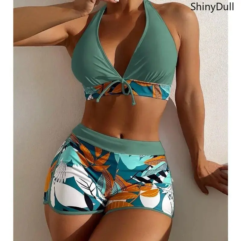 Women's High-Waisted 2-Piece Bikini Set - Tummy Control, Stretch Tropical Floral, Supportive Bandeau Top Swimsuits Bikinis for Vacation, Bathing Suits for Women