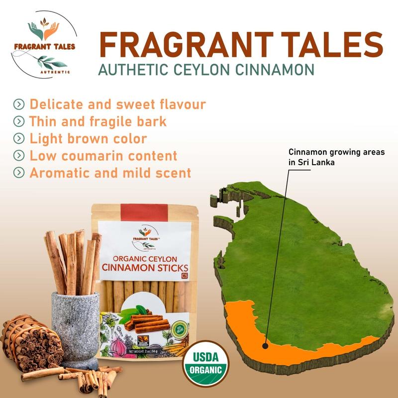 Premium Organic Ceylon Cinnamon Sticks - 2 oz (56g)( 7 - 9, 5" sticks), True Ceylon, USDA Certified, Non-GMO, Gluten-Free, Pure Sri Lankan Cinnamon for Cooking & Baking