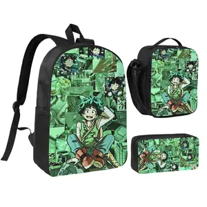 Lightweight Classic My-Hero-Academia-Backpack 3 in 1 Set, 17 Inch Large Capacity Travel Work Daypack Includes Thermal Lunch Bag & Stationery Pouch, Durable Teen Backpack for Daily Camping Outdoor Travel