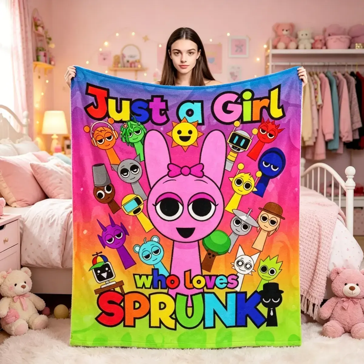 Sprunki Game cartoon flannel throw blanket, bright gradient “Just A Girl Who Loves SPRUNKI” slogan soft warm blanket for bed, sofa, travel, perfect birthday, Christmas, Halloween, and Thanksgiving gift for Sprunki Game fans