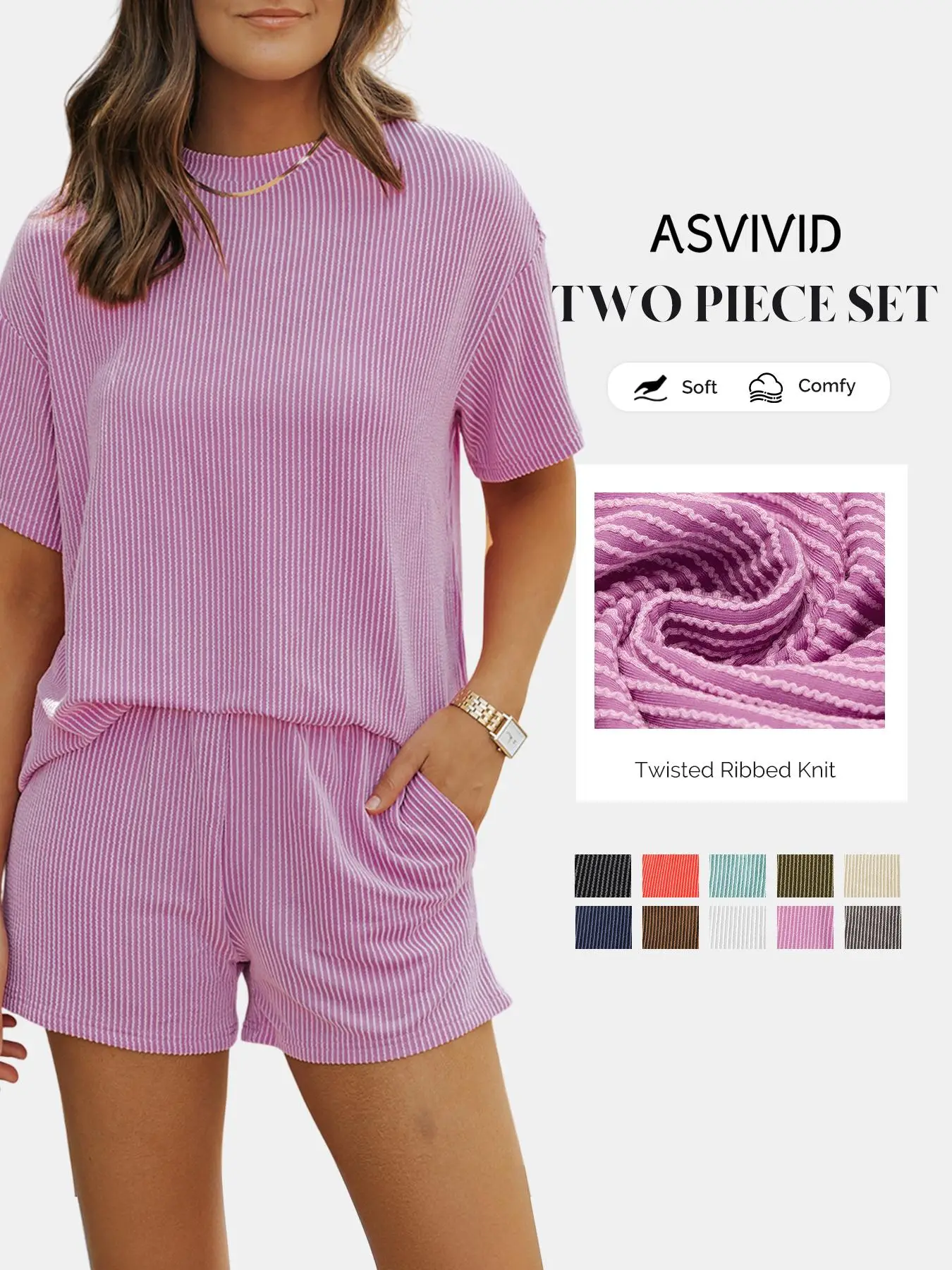 Women's Solid Twisted Ribbed Knit Textured Pocket Shorts Set, Casual Short Sleeve T-shirt & Elastic Waist Shorts, Ladies Summer Clothes for Daily Wear