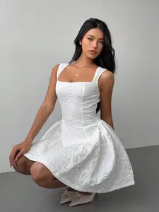 Elegant White Midi Dress Sleeveless A-Line for Women's Summer Party Outfits Square Neckline High Waist Flared Hem Casual Wedding Dress