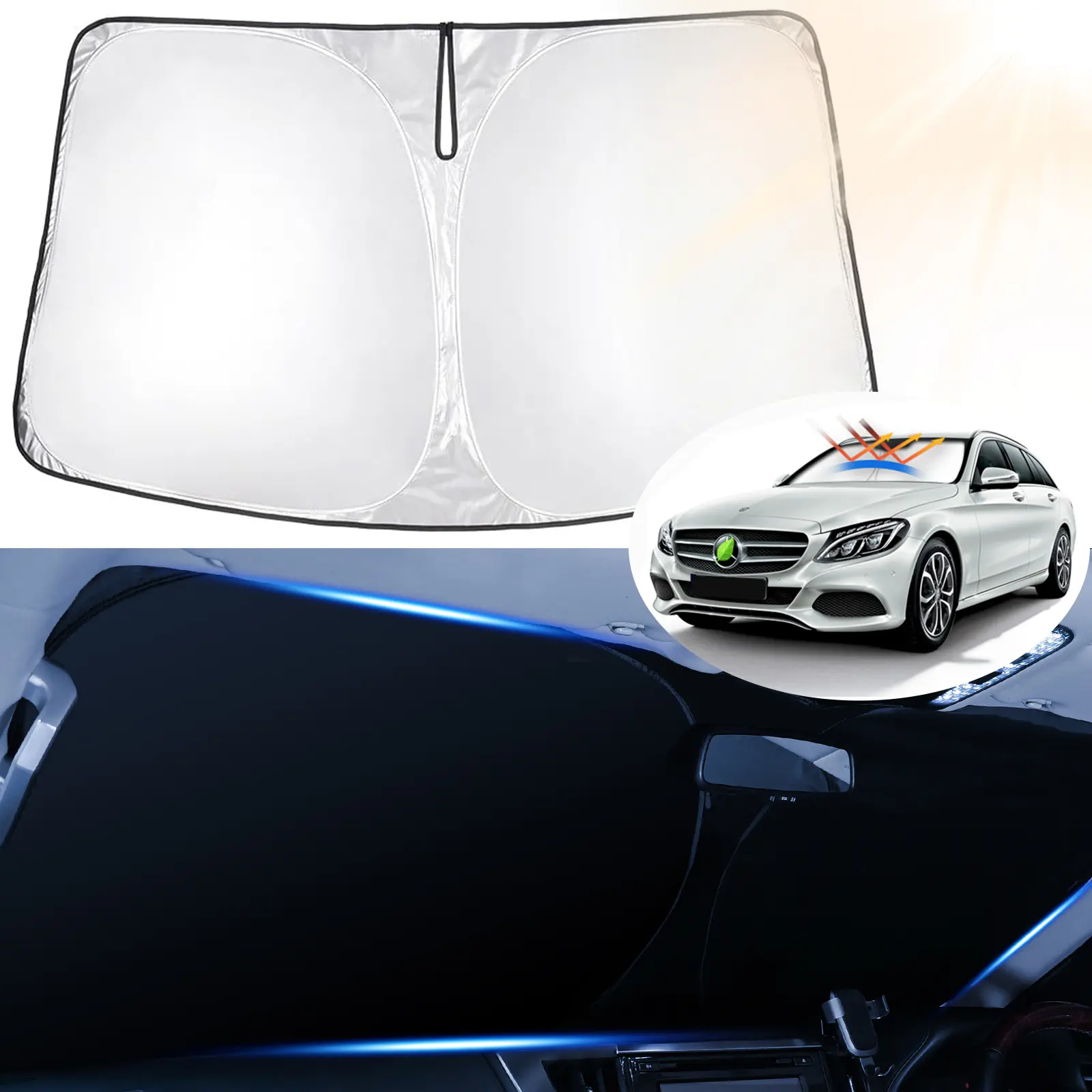 Canvcle Custom Fit Car Exterior Windshield Sun Shade for 2008-2021 Mercedes Benz C Class W205 C250 C300 C400, Sunshade for Car Outside, 240T 5-Layer UV Protective Shade Device Front Window, Foldable, Easy Installation, Uv Protective Sunshade, Windscreen S