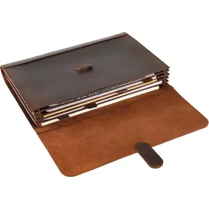 File Folder, Accordian File Organizer, Leather Document Holder Resume Folio for Men & Women - Dark Brown