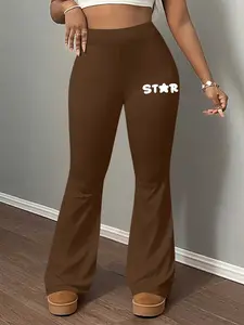 Pattern Print Women's Casual Slim Fit Flared Pants, Long Regular Length, Elastic Waist, Plain Pattern, Spring Autumn Winter Home Wear