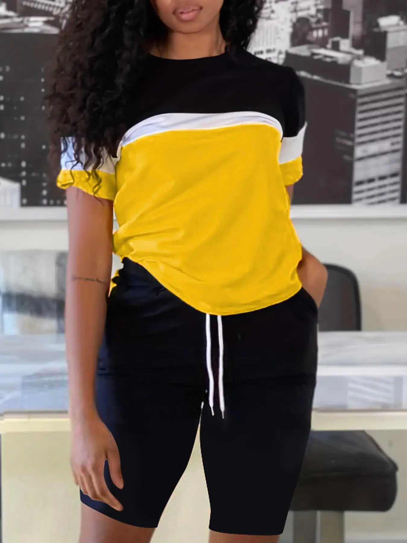 Women's Colorblock Print Tee & Drawstring Waist Shorts Set, Summer Clothes Women, Sporty Round Neck Short Sleeve T-Shirt & Track Shorts, Casual Summer