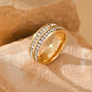 Unisex Luxury Double Row Cubic Zirconia Gold-Tone Stainless Steel Pave Ring, Wedding Engagement Charm Jewelry Gift, Cubic Zirconia Goldtone