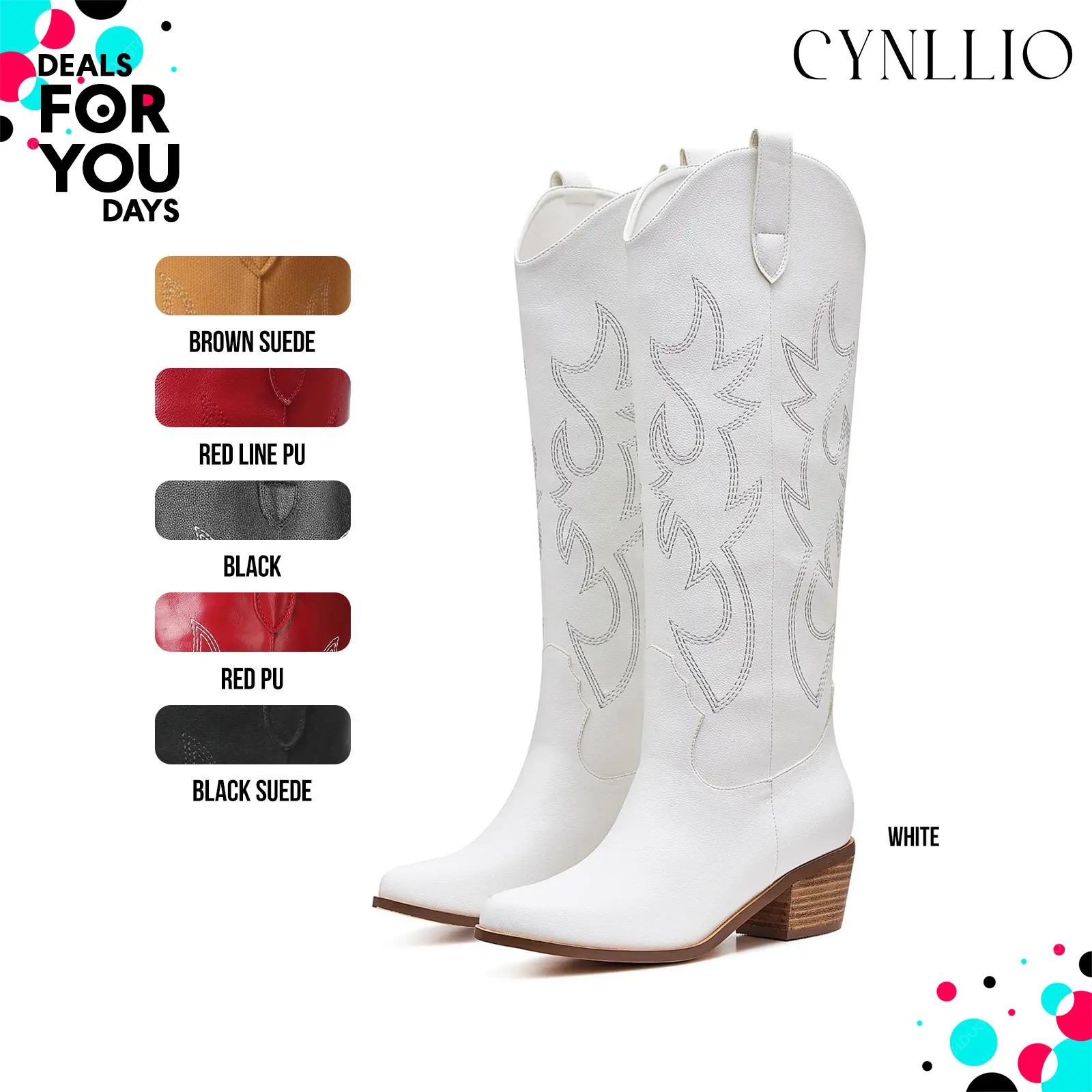 CYNLLIO Womens Knee High Embroidered Cowboy Boots Pointed Toe Chunky Block Heel Pull on Comfy Fashionable Dance Walking Concert Casual Spring Elegant Western Tall Boots Deals For You Day